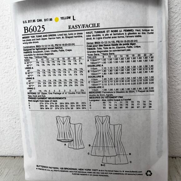 Butterick B6025 Sewing Pattern sleeveless pleated dress tunic size 8-16 - Picture 4 of 6
